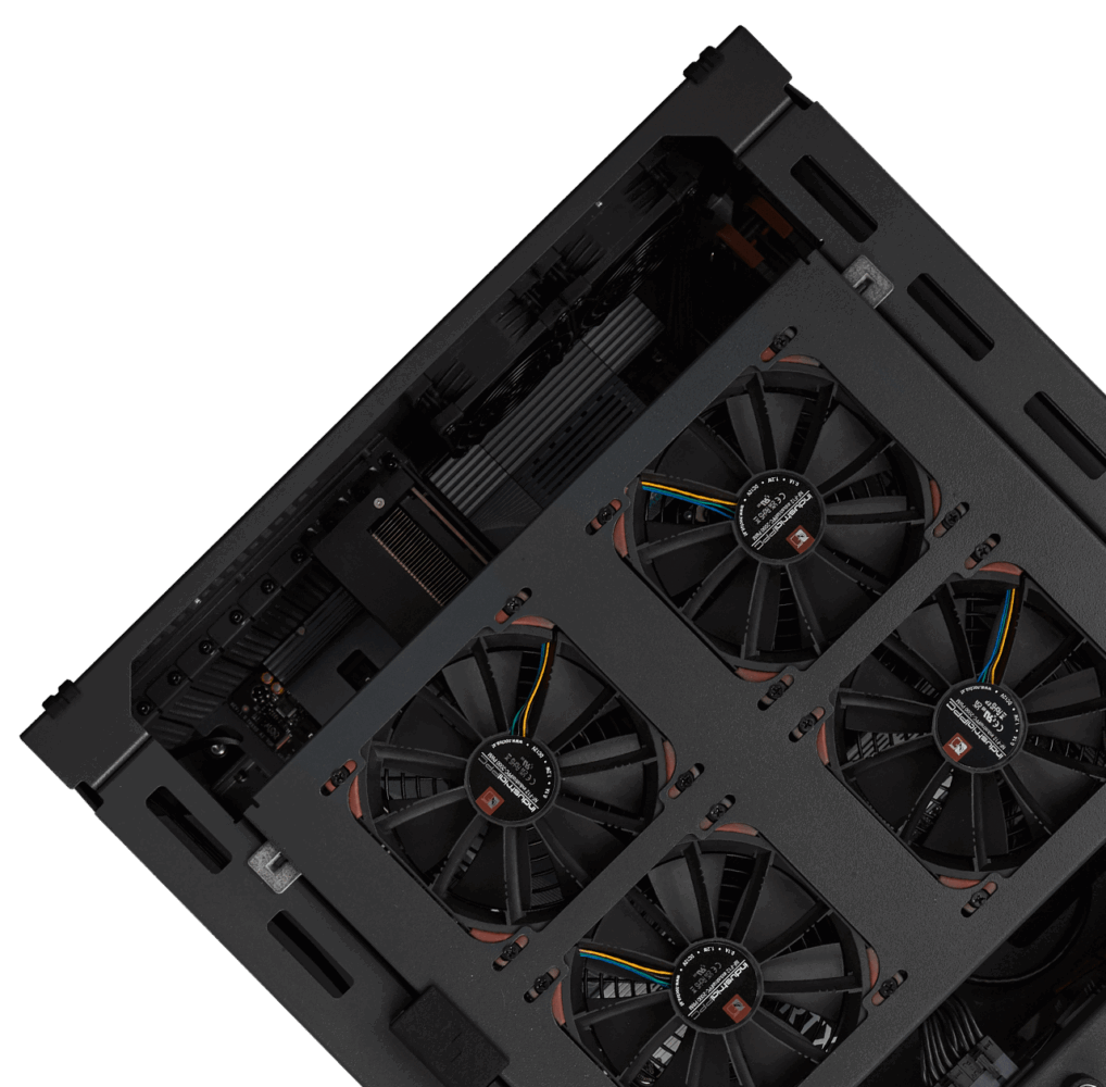 Internal view of a Renderboxes Workstation showcasing cooling fans
