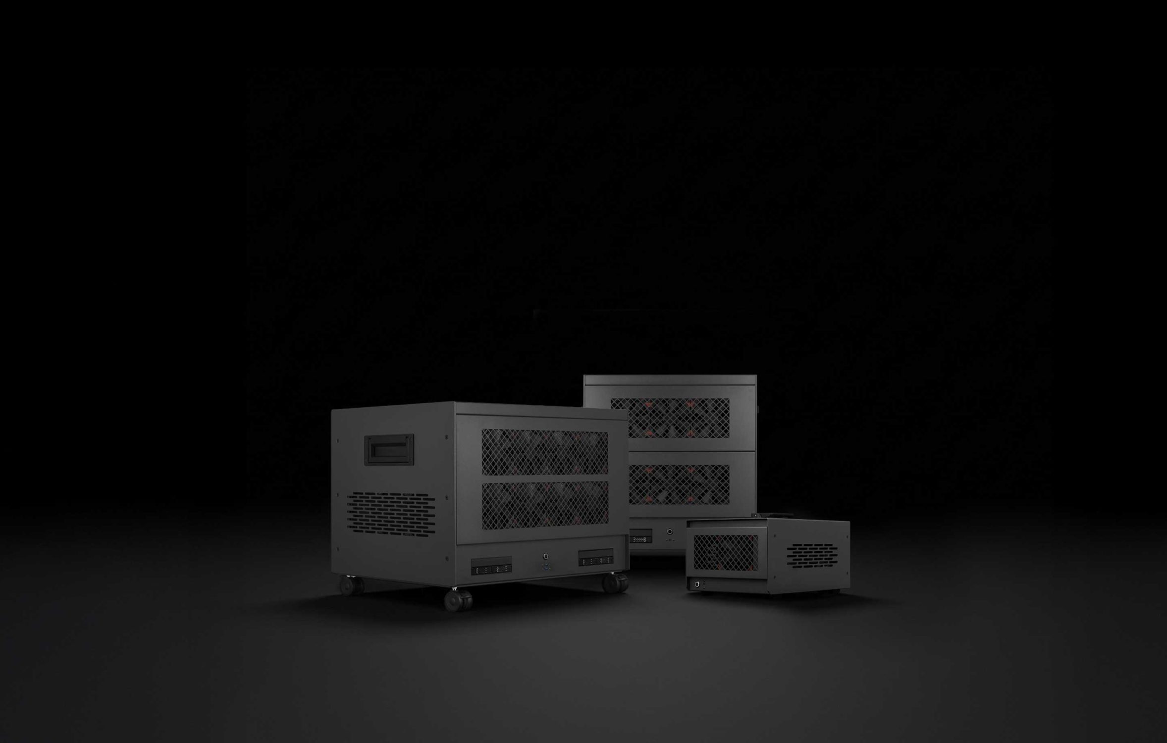 Wide shot of Renderboxes Workstations in a black background