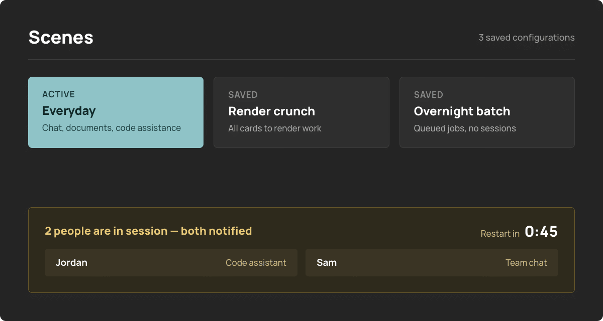 RBOS Studio scenes with an active-session restart notice